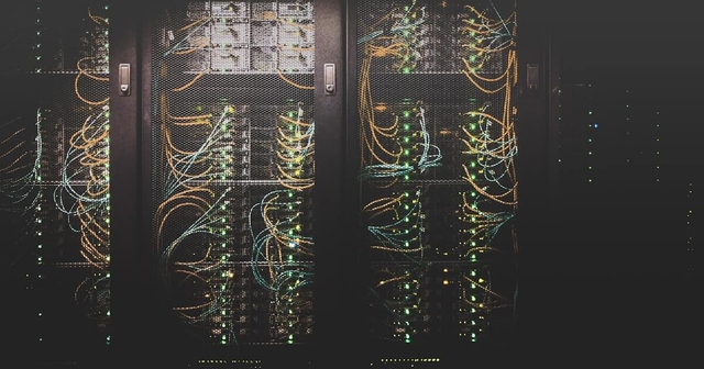 Server room with glowing network connections
