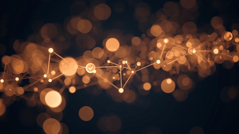 A dark, minimalist background features four glowing amber circular nodes connected in a horizontal line—labeled branch, prompt, and rules, ending in a bright checkmark—forming a sleek, futuristic validation flow diagram.