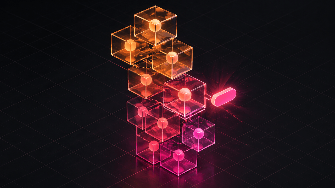 Stacked translucent cubes arranged diagonally on a dark grid background, each containing a glowing sphere that shifts from amber at the top to magenta at the bottom; one middle cube is highlighted by a bright pill-shaped light beside it.