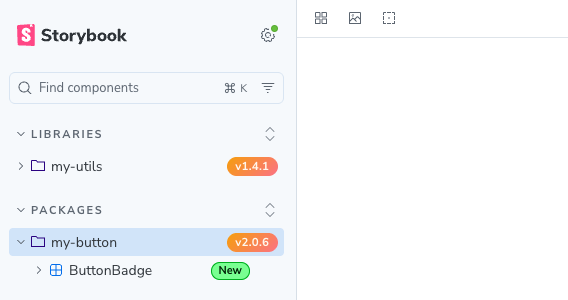 Storybook sidebar showing package version badges for my-utils and my-button