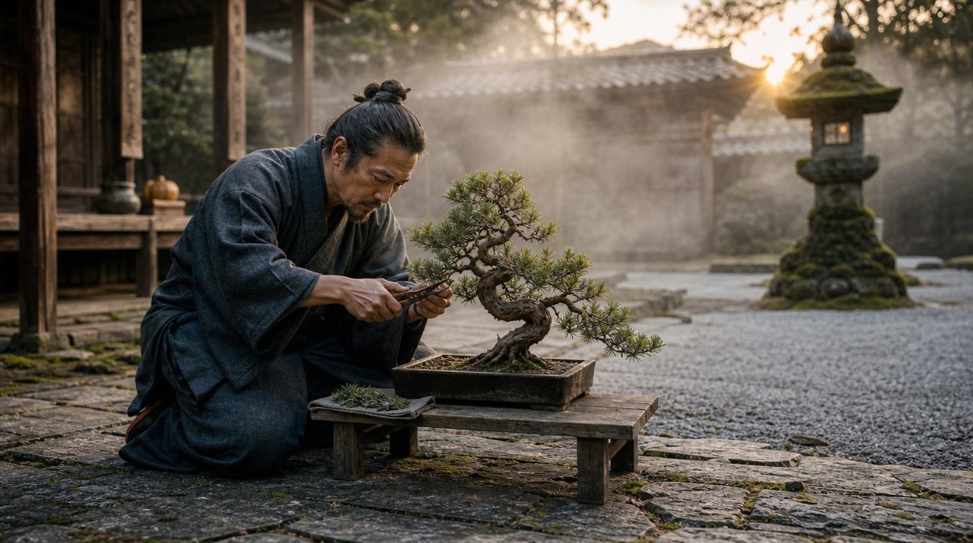 Photograph of a craftsperson carefully pruning a bonsai tree in a quiet courtyard