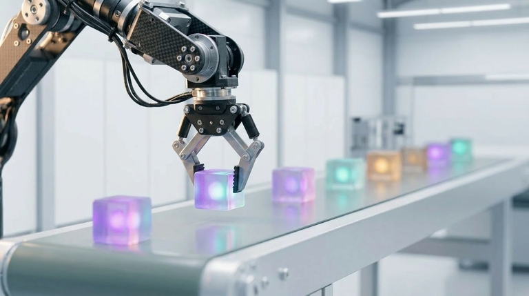Robotic arm lifting a glowing translucent cube from a conveyor belt in a bright industrial setting.