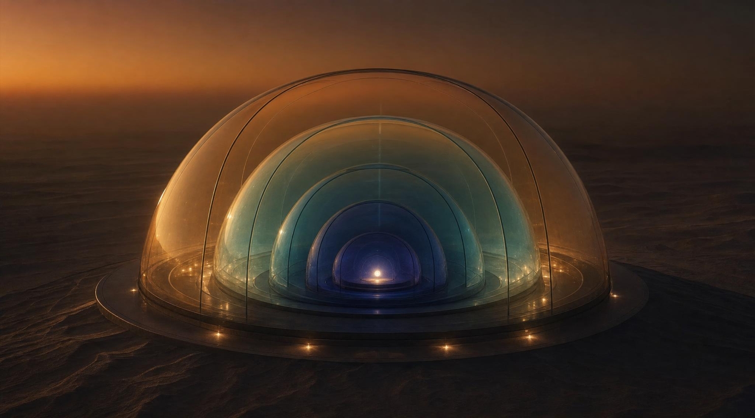A translucent protective dome over a desert structure at dusk