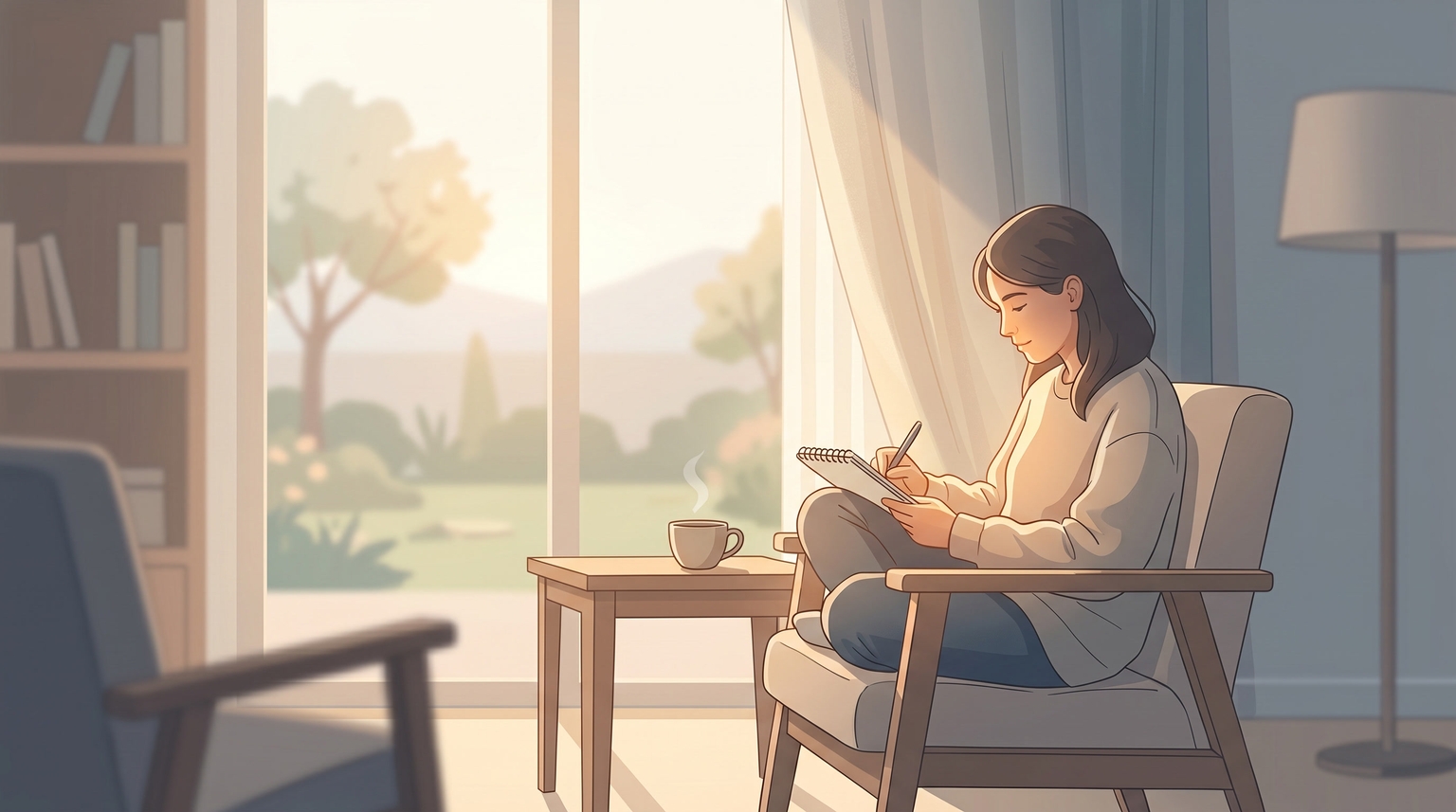 A warm illustration of a person sitting in a comfortable armchair by a sunlit window, writing in a notebook beside a cup of tea — a quiet, self-directed moment of focused work